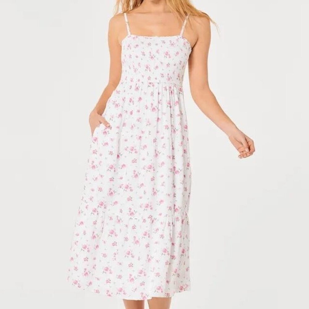 Hollister White and Pink Floral Smocked Midi Dress 45716
